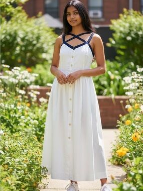 Antho Maeve Strappy Nautical Chic Midi Button Down Front Dress With Pockets